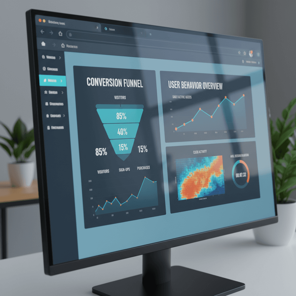 Analytics dashboards showing conversion funnels and user data