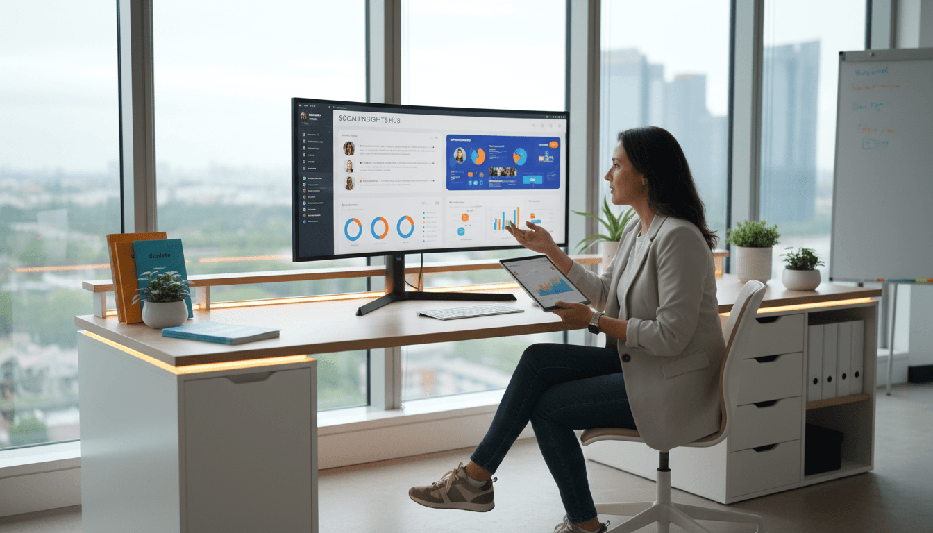 Marketing professional reviewing content strategy at modern desk