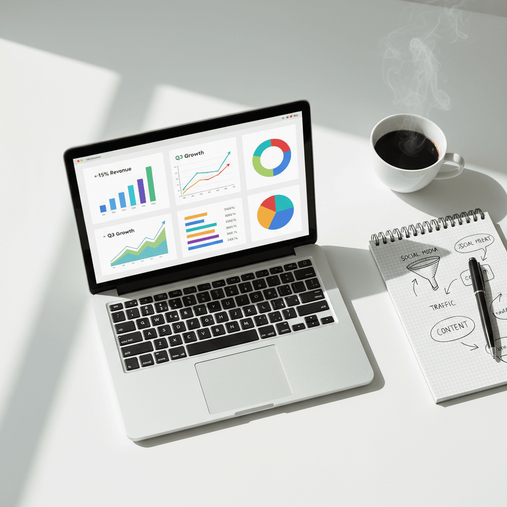 Marketing analytics dashboard on laptop with strategy notes