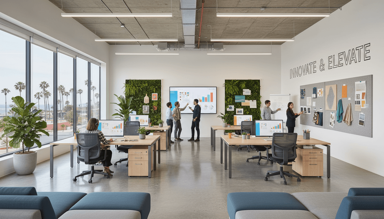 Modern marketing agency workspace with natural light and collaborative team