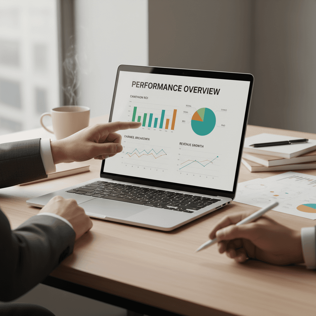 Hands collaborating over marketing analytics on laptop screen