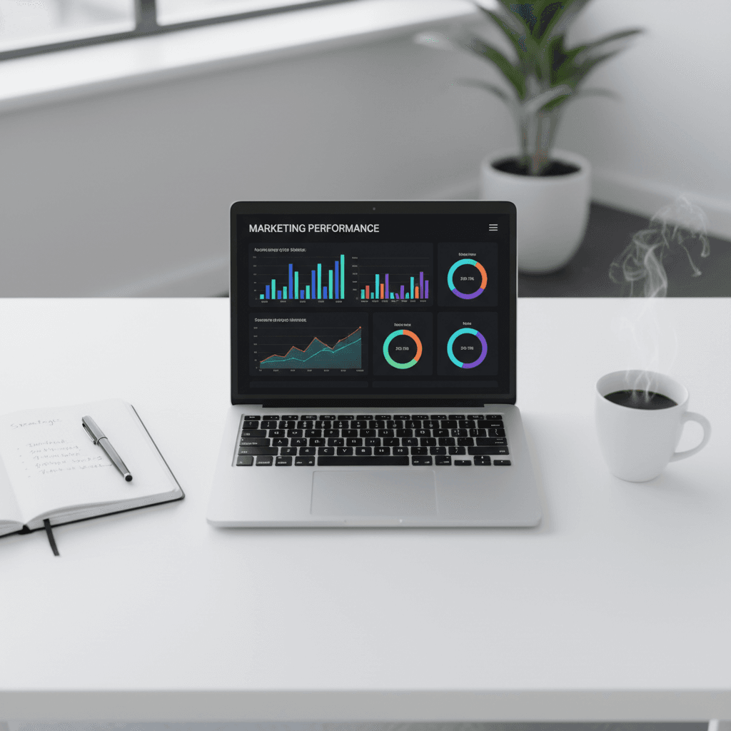 Marketing strategy workspace with laptop and analytics dashboard