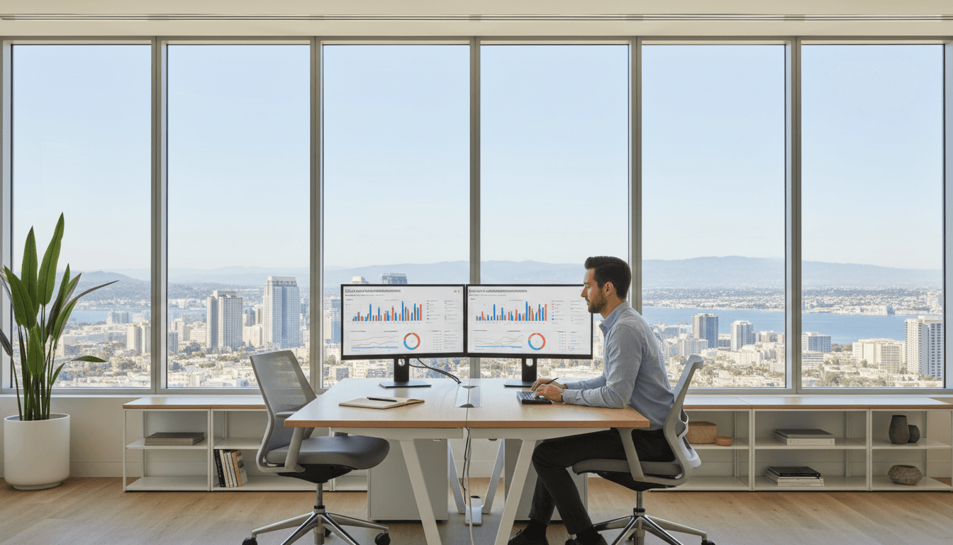 Modern marketing agency workspace with analytics displays