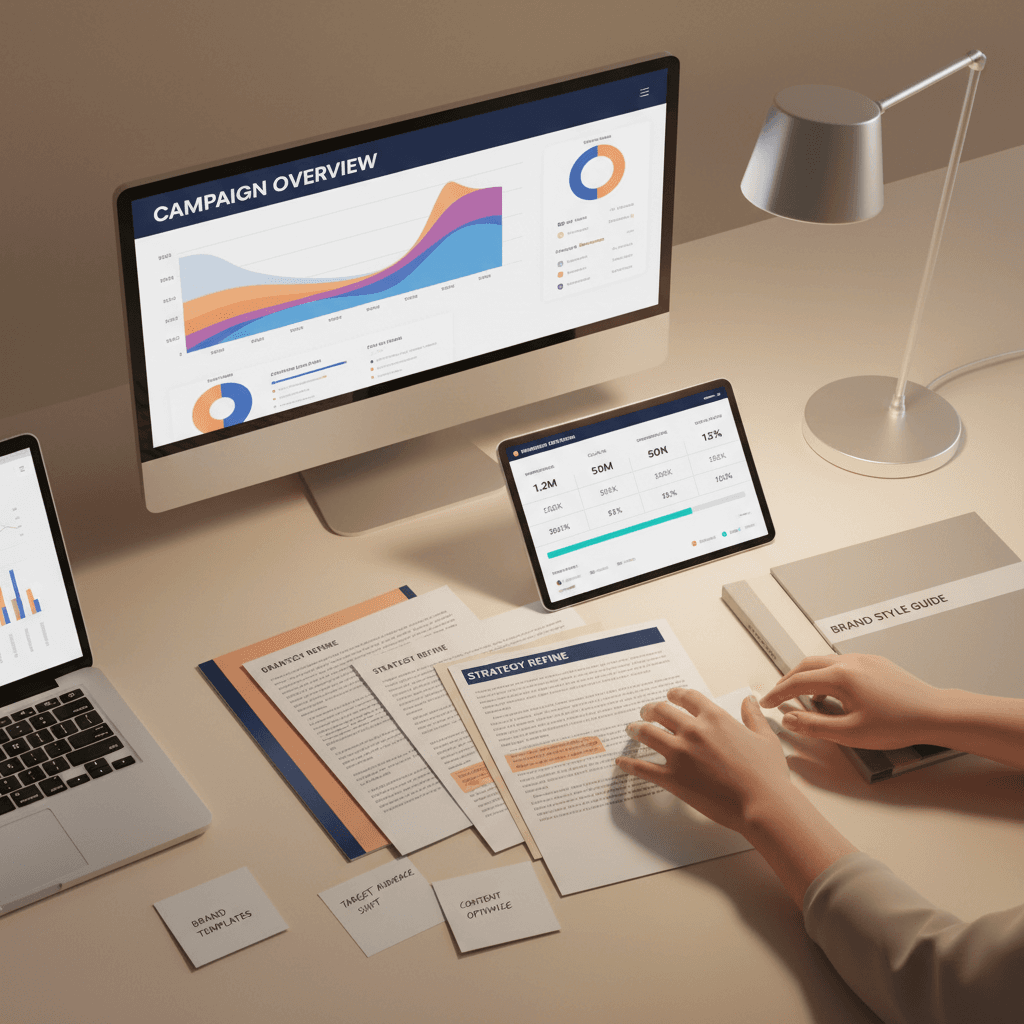 Strategist reviewing multiscreen campaign analytics dashboards and performance metrics on desk with branded materials