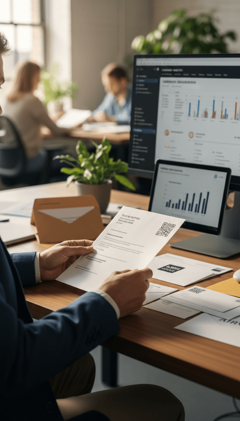 Marketing professional examining personalized direct mail letter with QR code in office with tracking analytics displayed on monitor