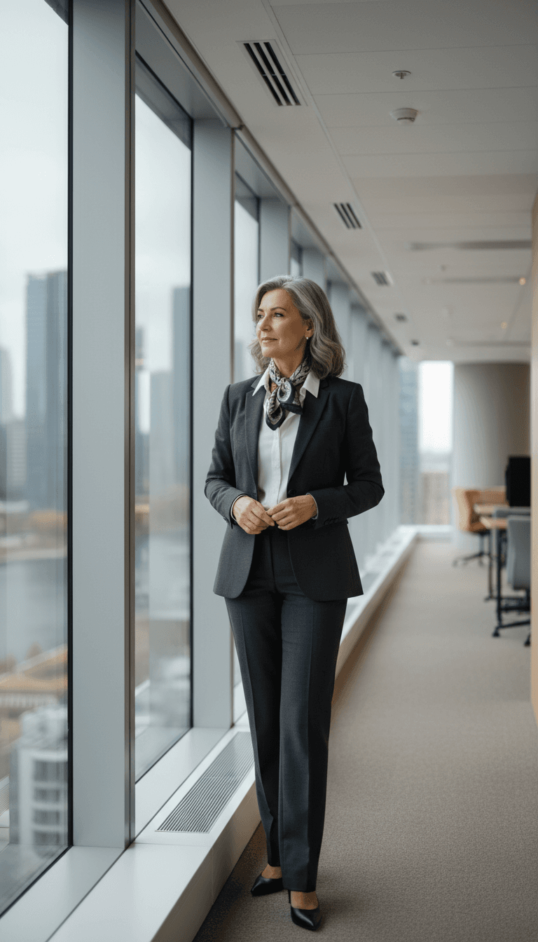 Senior consultant standing confidently in modern office corridor with floor-to-ceiling windows and city views visible behind