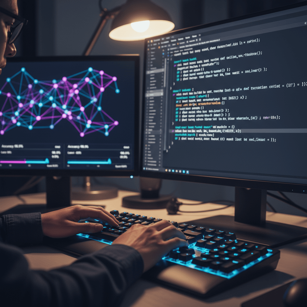 Developer hands coding on backlit keyboard with machine learning model architecture displayed on secondary monitor