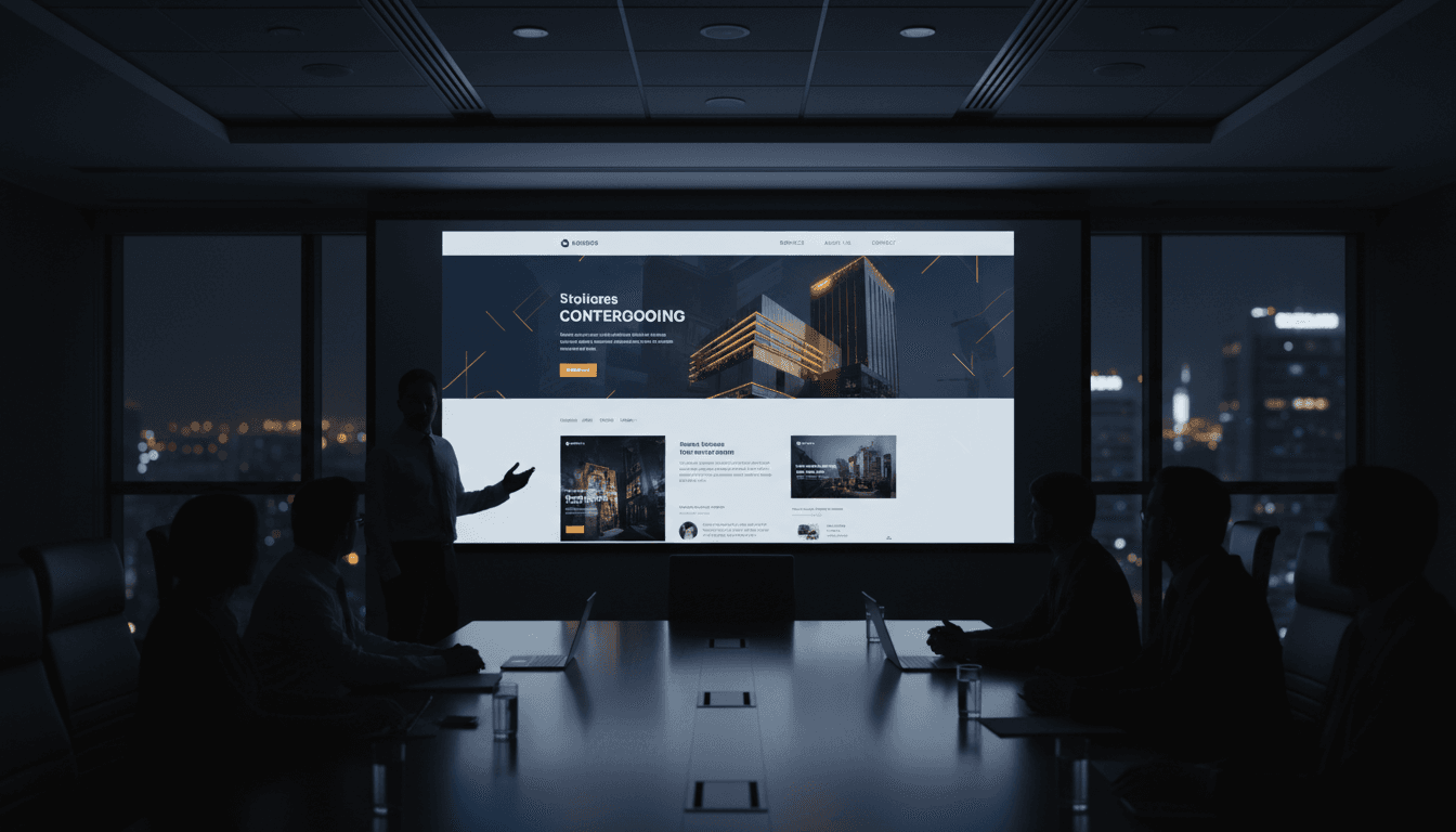 Professional presenting finished single-page website design on large conference room screen to seated clients and team