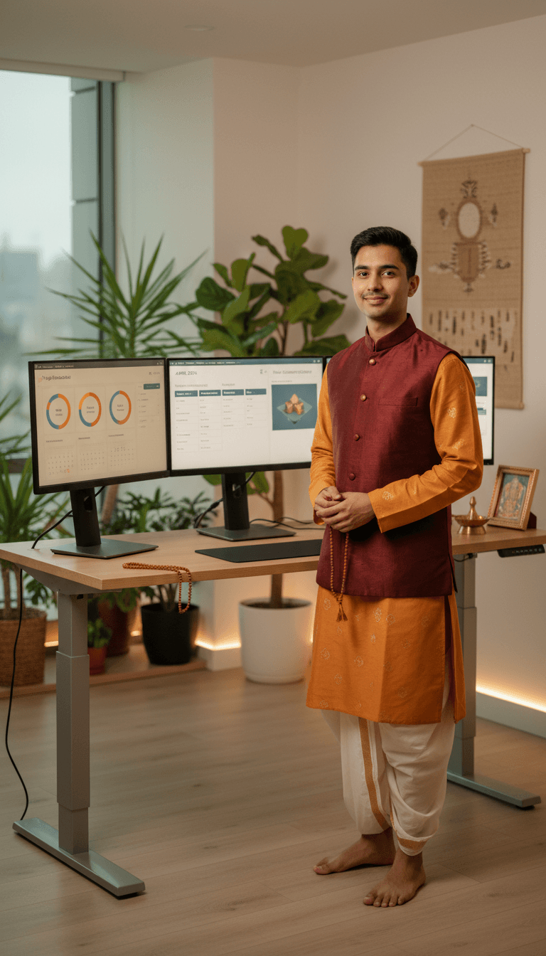 Young professional in traditional attire standing at desk with multiple monitors displaying puja planning and ceremony customization software