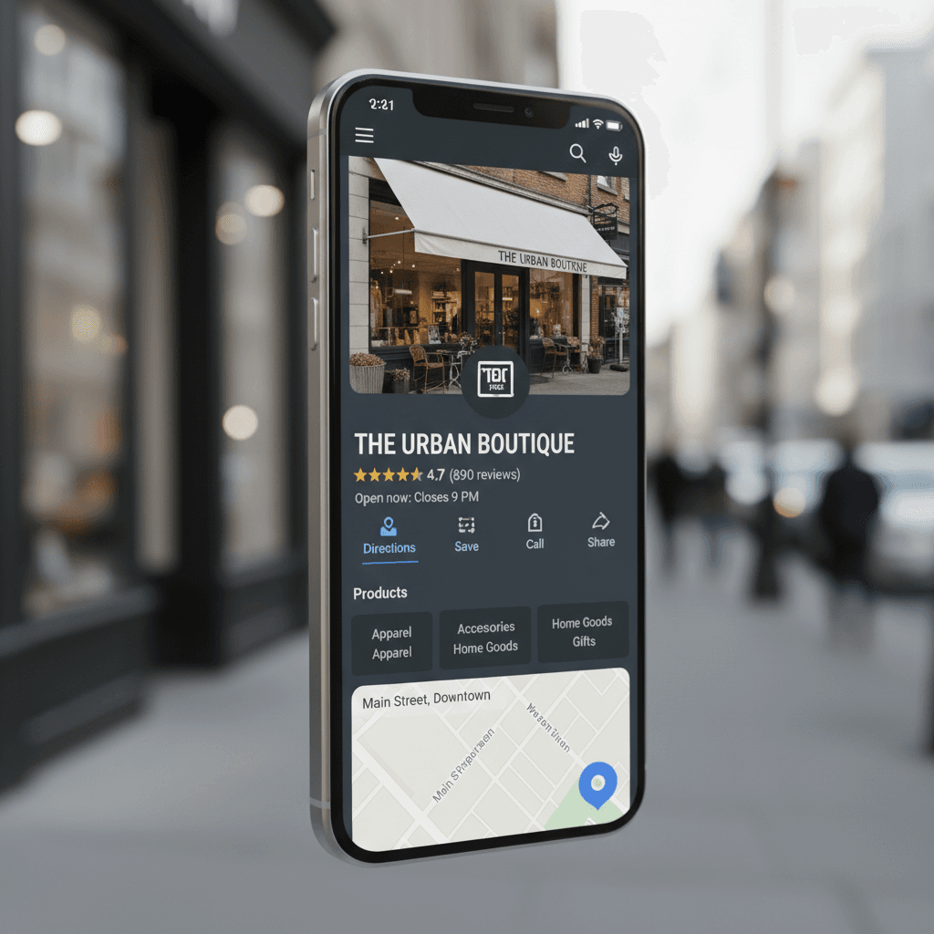 Smartphone displaying Google Maps profile with retail store location, reviews, and business information