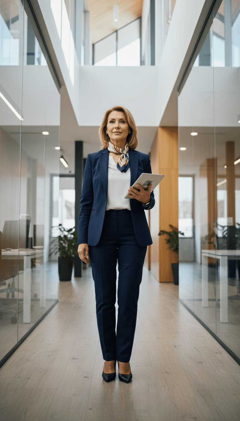 Confident female marketing executive standing in modern glass office corridor holding tablet, professional business attire