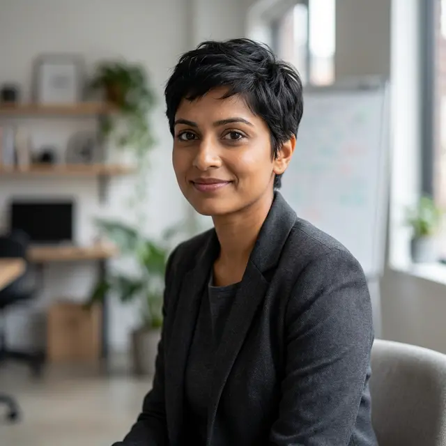 Smiling woman with short dark hair wearing a grey blazer in a modern office setting.